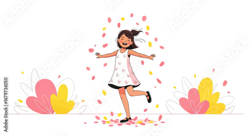 Cheerful Young Girl in Flowery Dress Joyfully Engaged, Dancing Amidst Petals