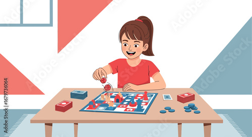 Cheerful Young Girl Playing Board Games, Enjoying Family Time and Strategic Gameplay