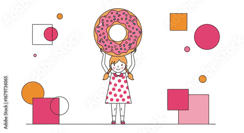 Cheerful Young Girl Holding A Gigantic Glazed Donut With Colorful Geometric Shapes