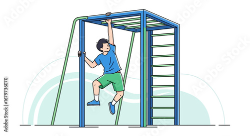 Child’s Play: Energetic Youngster Ascending Jungle Gym, Illustrated Design Adventure