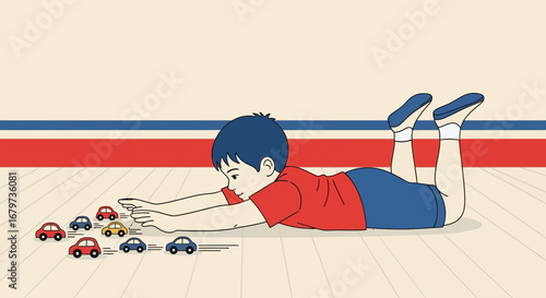 Child’s Playtime: Joyful Youngster Reaching Out to Adorable Toy Cars Concept