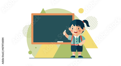 Cheerful Young Girl Writing On Blackboard, Education And School Concept