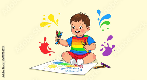 Cheerful Youngster Creates Art With Crayons, Splashes of Color in Delightful Illustration