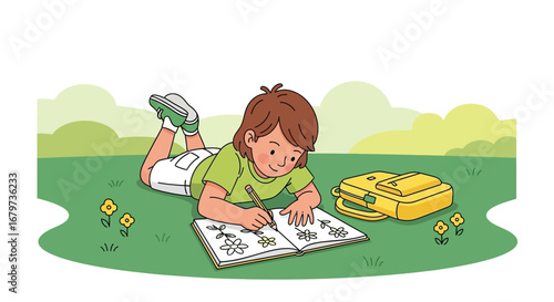Cheerful Youngster Drawing Floral Designs Outdoors And Enjoying The Leisure Time