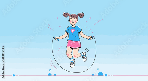 Cheerful Youngster Jumping Rope, Having Fun, Exercising, Smiling, Playing, Childhood Joy