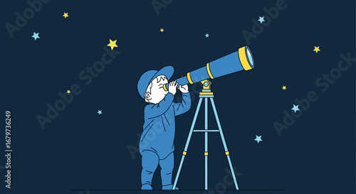 Childhood Exploration: Dreamy Nighttime Adventures With a Powerful Telescope Illustration