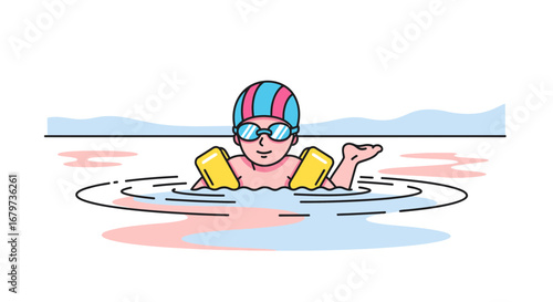 Cheerful Youngster Swimming Safely With Arm Floats, Enjoying Aquatic Recreation