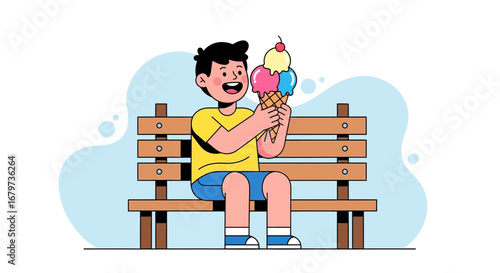 Cheerful Youngster Savoring Colorful Ice Cream on Park Bench During Summer