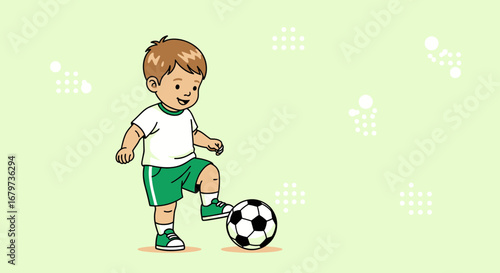 Childhood Football Fun: Young Boy Kicking Soccer Ball Playing Enjoyment Outdoors