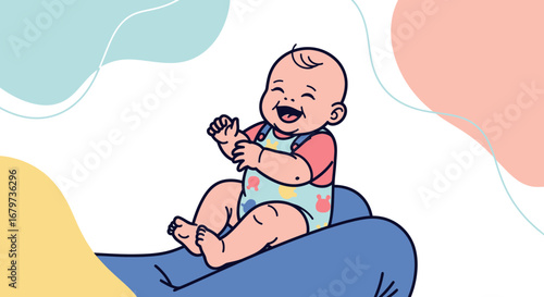 Cheerful, Smiling Infant Enjoying The Moment, Illustrated On Abstract Background