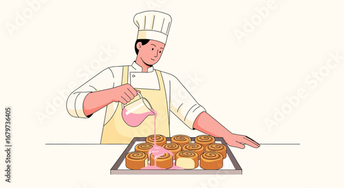 Chef Decorating Cinnamon Rolls with Frosting in Bakery, Illustration Style Food Dessert