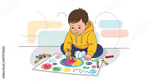 Childhood Moments Depicted: Playful Youngster Coloring With Energetic Crayons on Paper