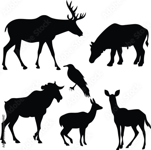 Silhouette of Wildlife Featuring Deer, Moose, Wild Boar, and a Crow Standing Perched on a Wildlife Composition