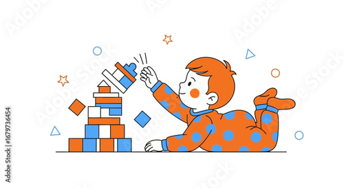 Childhood Playtime: Animated Illustration of a Constructing Tower From Colorful Blocks