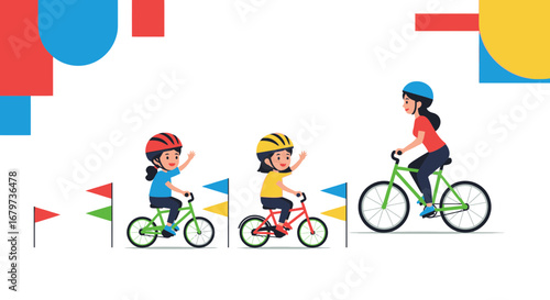 Children and Adult Enjoying Recreational Cycling and Safe Bicycle Safety Helmets