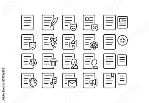 vector outline icons Manuscript (Types) manuscript novel manuscript poem manuscript essay manuscript article manuscript thesis manuscript script manuscript play manuscript story manuscript.