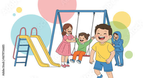Children Enjoying Themselves at a Playground With Swings and a Slide Smiling