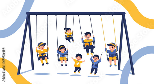Children having fun on swings at a playground, a vector illustration for kids
