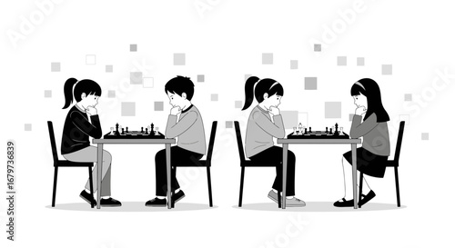 Children playing chess at a table black and white illustration with background elements