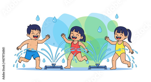 Children Playing Delightfully In Water Sprinklers On Sunny Summer Times Enjoying Water Fun