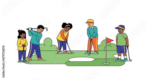Children Playing Golf On The Green Course, A Fun And Healthy Activity