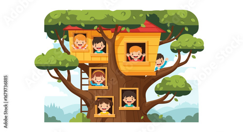 Children playing happily in a treehouse during a sunny day vector illustration
