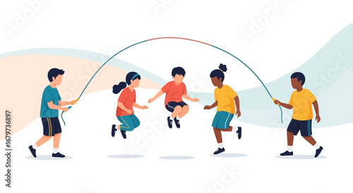 Children Playing Jump Rope Together Demonstrating Teamwork And Friendship in an Illustration