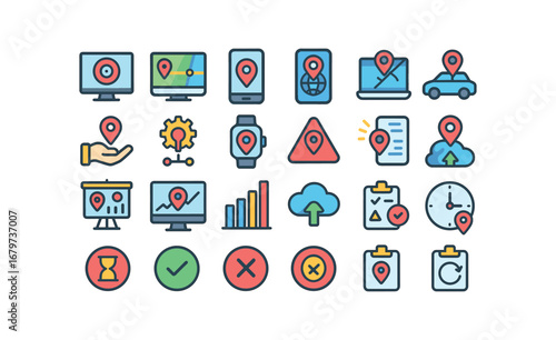 colorful flat vector icons Tracking (Advanced) tracking monitor tracking system tracking app tracking online tracking offline tracking auto tracking manual tracking ai tracking smart.