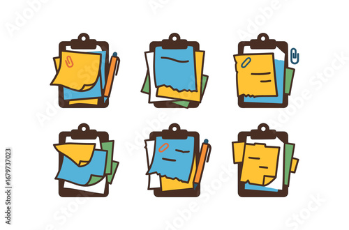 vector colorful flat filled icons clipfolio (messy): overstuffed bent papers loose pen torn edges paperclips notes sticking out.