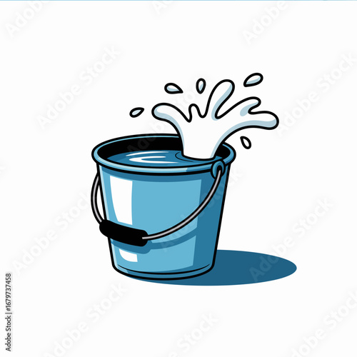 Blue bucket splashing water excitingly showing liquid motion and fun activity