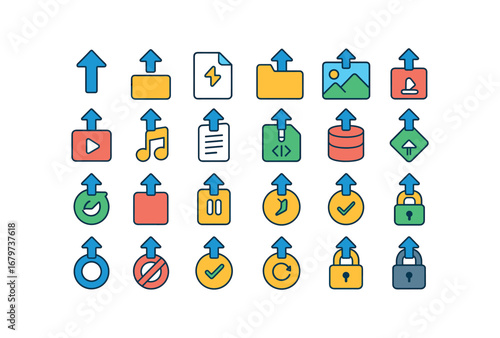colorful flat vector icons Upload (Basic) upload icon upload file upload folder upload image upload video upload audio upload document upload pdf upload text upload code upload zip upload.