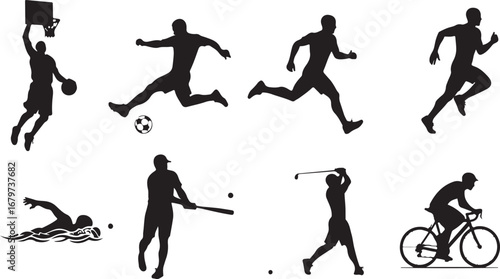 Diverse Sports Silhouettes Dynamic Representation of Athleticism and Teamwork in Various Disciplines Displaying Strength, Agility, and Dedication to Healthy Lifestyles