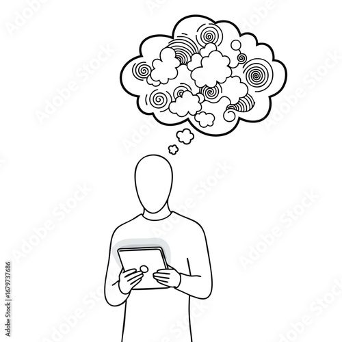 Person holding a tablet with a chaotic thought bubble above their head.