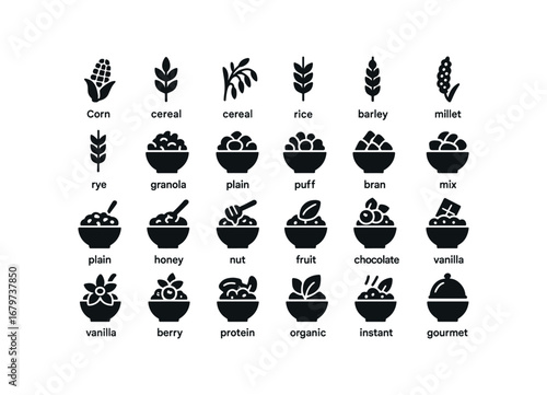 vector solid black filled icons Cereal (Types) cereal corn cereal wheat cereal rice cereal oat cereal barley cereal millet cereal rye cereal granola cereal flake cereal puff cereal bran.