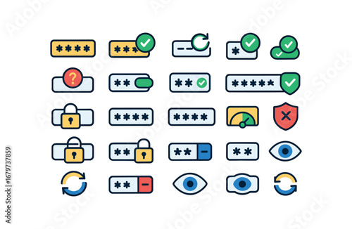colorful flat vector icons Password (Basic) password icon password set password reset password saved password lost password active password inactive password valid password invalid password.