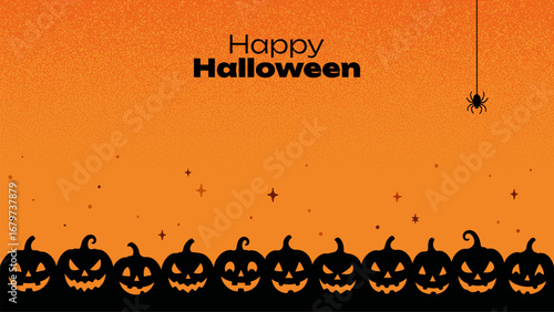 Happy Halloween text with border of black pumpkins silhouettes, spider web with spider, and sparkle stars on orange background for holiday banner.