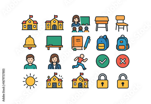 colorful flat vector icons School (Basic) school icon school building school gate school class school desk school chair school bell school board school book school pen school bag school.