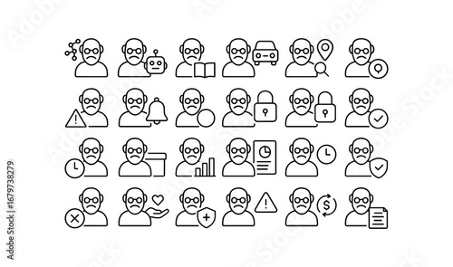 vector outline icons Elder (Advanced) elder smart elder ai elder auto elder manual elder monitor elder tracker elder alert elder notify elder secure elder unsecure elder backup elder.