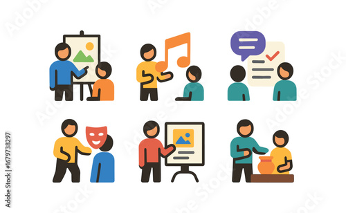 vector colorful flat filled icons mentorship stage (creative): art lesson music instruction writing feedback design critique acting rehearsal craft guidance.