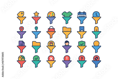 colorful flat vector icons Filter (Types) filter price filter rating filter color filter size filter date filter time filter location filter distance filter brand filter category filter tag.