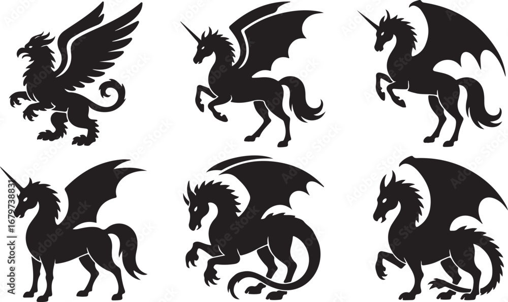 Naklejka premium A Collection of Mythical Creatures Silhouettes Gryphon Unicorns and Dragons in Black and White for Fantasy Designs
