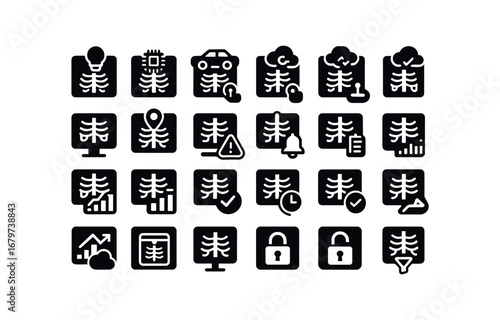 vector solid black filled icons X Ray (Advanced) xray smart xray ai xray auto xray manual xray synced xray unsynced xray monitor xray track xray alert xray notify xray report xray stats.