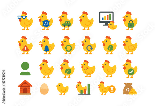 colorful flat vector icons Chicken (Advanced) chicken smart chicken ai chicken auto chicken manual chicken monitor chicken tracker chicken alert chicken notify chicken synced chicken.