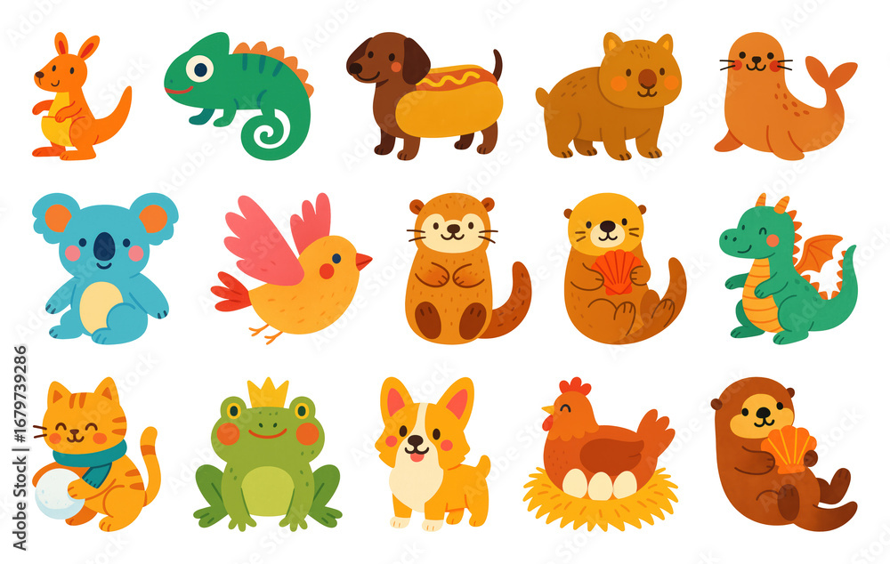Obraz premium PNG Colorful cartoon animal stickers, element set on transparent background