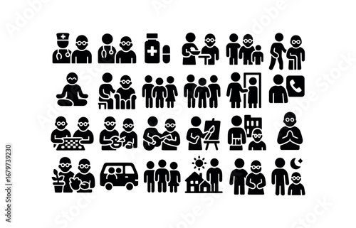 vector solid black filled icons Elder Care (Services) eldercare nurse eldercare doctor eldercare medicine eldercare meal eldercare walk eldercare exercise eldercare yoga eldercare therapy.