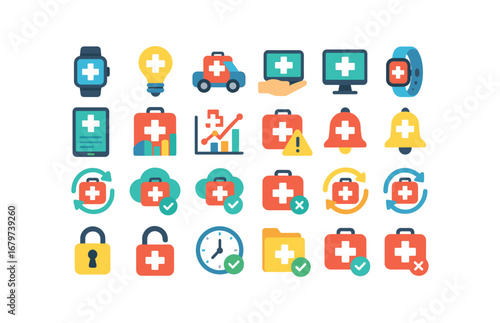 colorful flat vector icons First (Advanced) firstaid smart firstaid ai firstaid auto firstaid manual firstaid monitor firstaid tracker firstaid report firstaid stats firstaid chart firstaid.