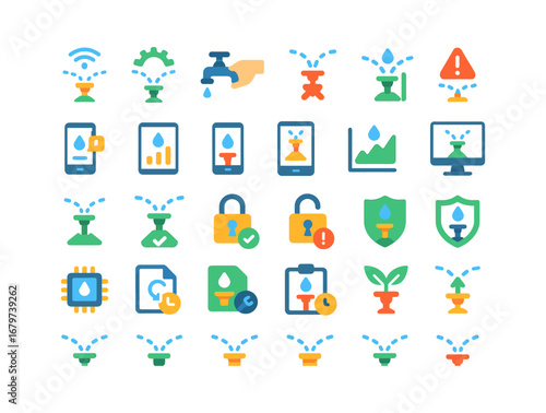 colorful flat vector icons Irrigation (Advanced) irrigation ai irrigation auto irrigation manual irrigation tracker irrigation monitor irrigation alert irrigation notify irrigation stats.