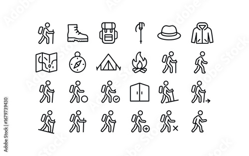 vector outline icons Hiking (Basic) hiking icon hiking boots hiking bag hiking pole hiking hat hiking coat hiking map hiking compass hiking tent hiking camp hiking active hiking inactive.