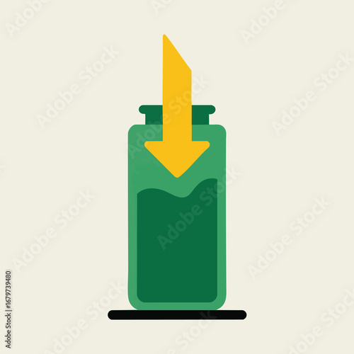 Arrow pointing down into a green bottle symbolizing a decrease or input of liquid.