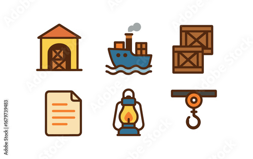vector colorful flat filled icons freight inspector (historic): dockside warehouse steamboat cargo wooden crates paper manifests lantern pulley system.